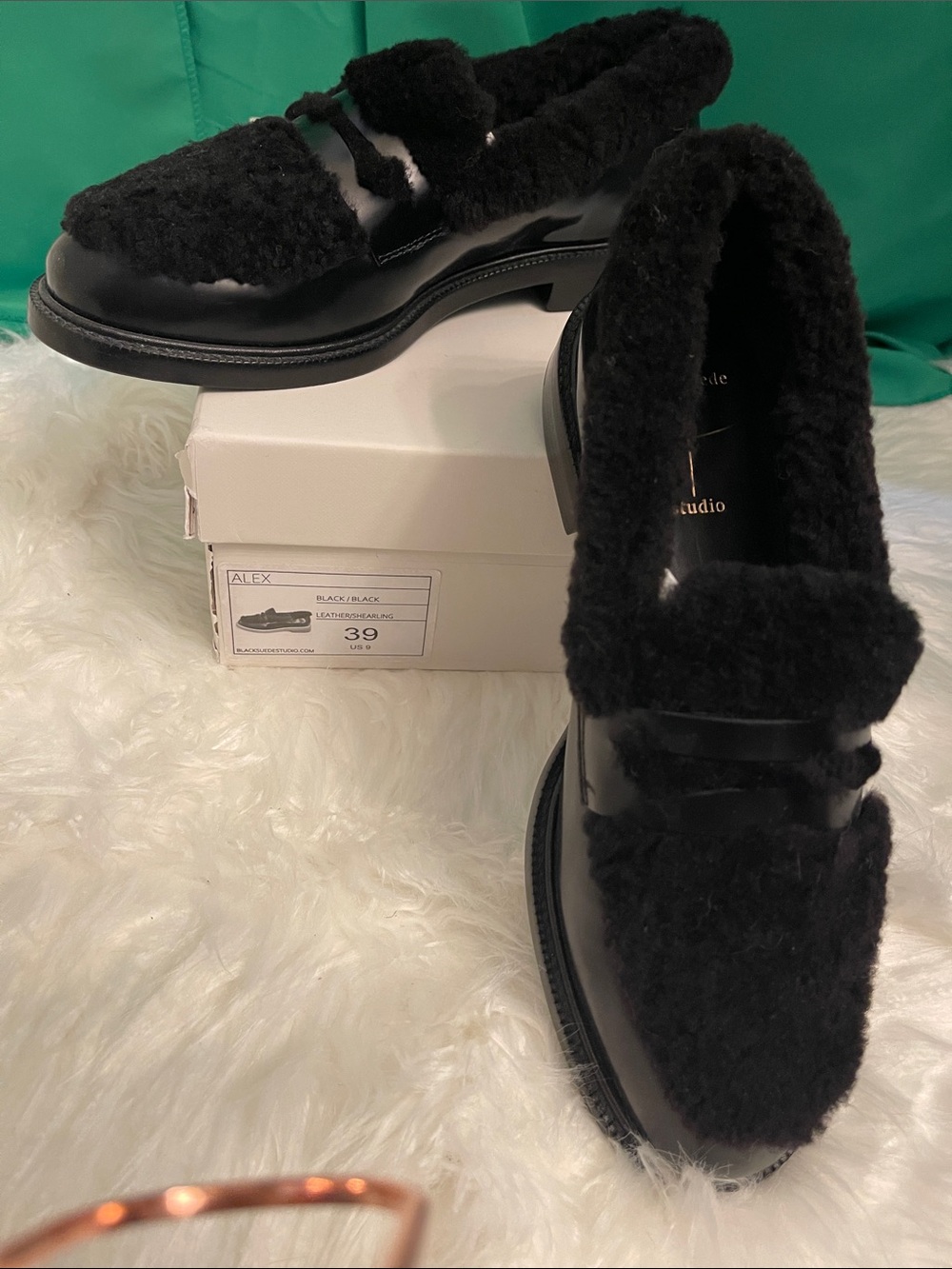 Black Suede Studio Alex Black Leather Shearling Trim Loafers